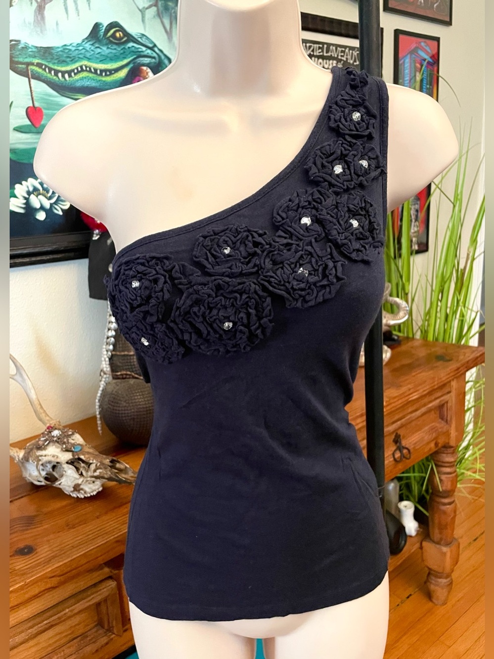 INC Blue Floral Rhinestone One Sleeve Top S